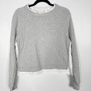 La Vie Rebecca Taylor Small Gray White French Terry Pullover Ruffle Eyelet Neck